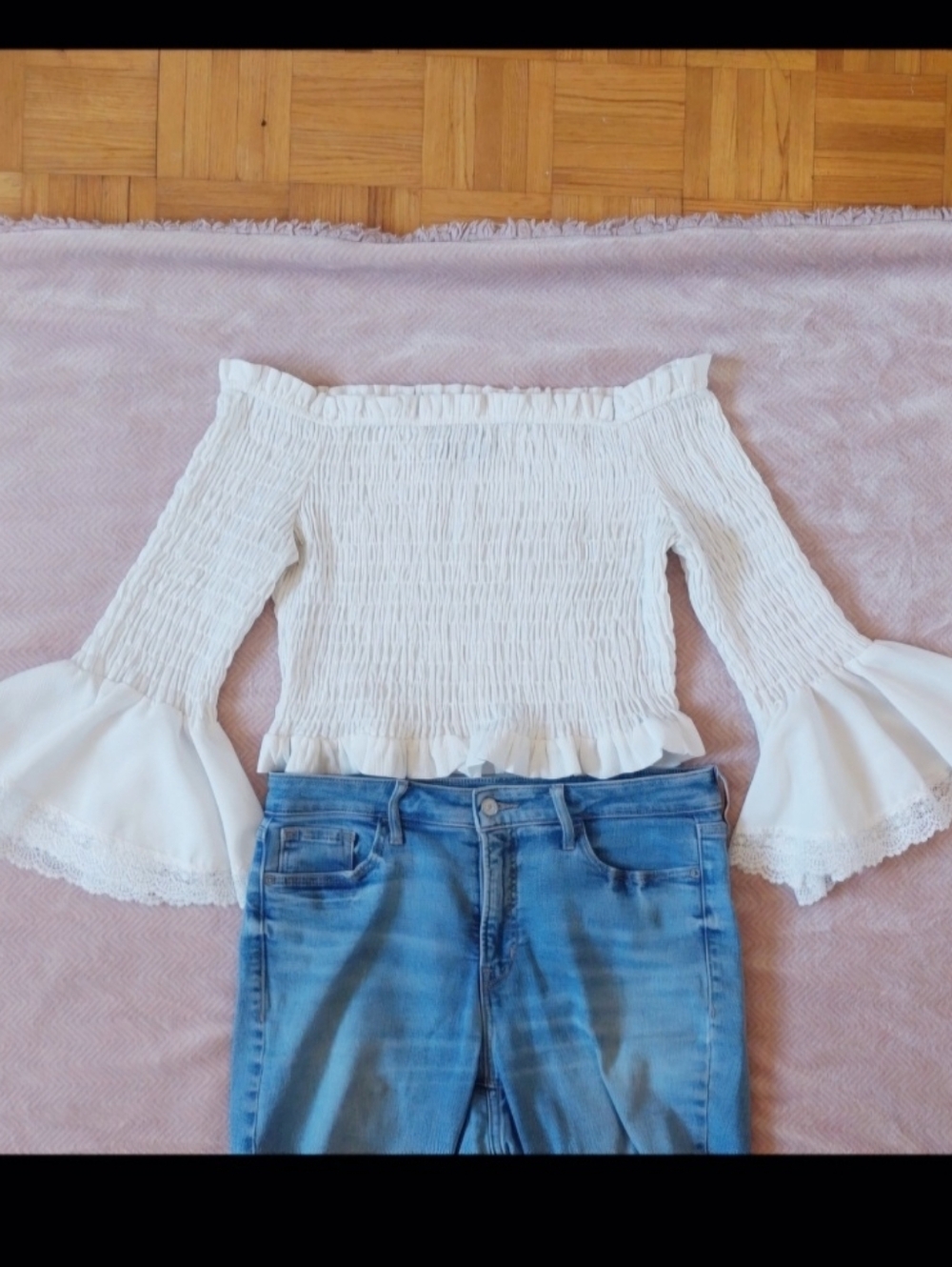 Smocked Off-Shoulder Bell Sleeve Top in Ivory